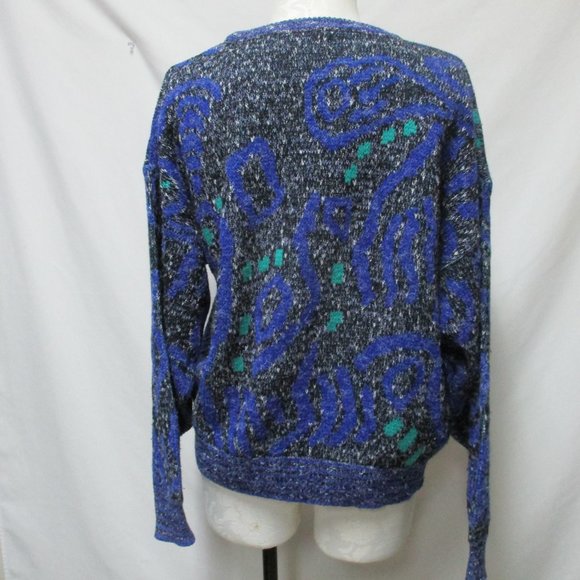 Men's Blue and Green Patterned Crewneck Sweater - Picture 9 of 12